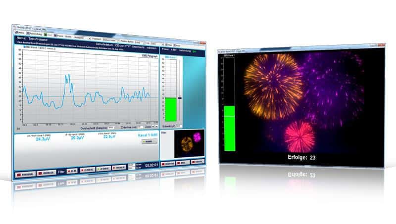 Biofeedback software: line-graph feedback next to an animated firework reward screen