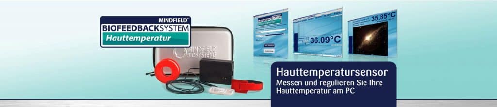 Mindfield Hauttemperatursensor Banner mit Gerät und Software-Screenshots