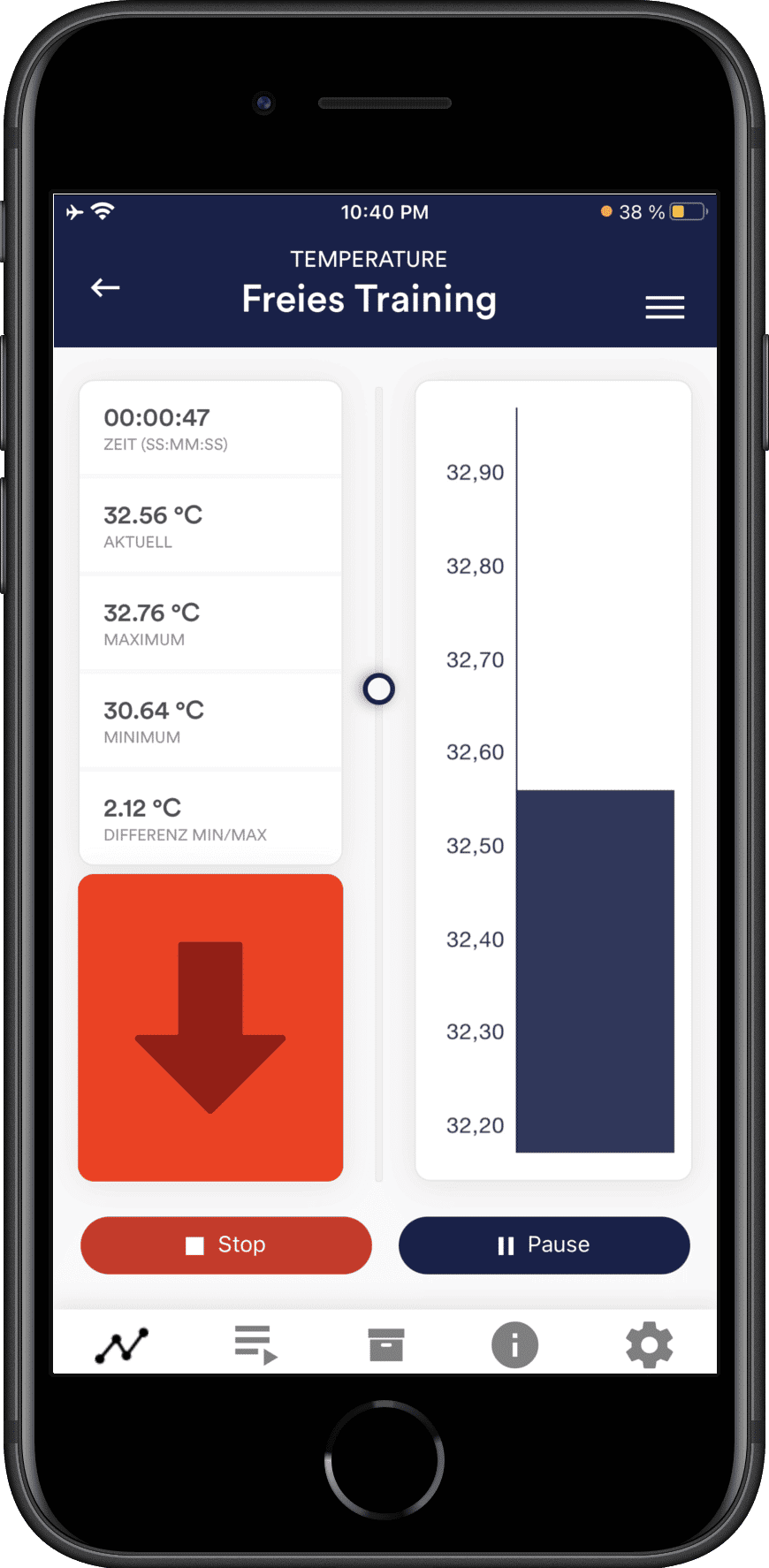 eSense-App auf iPhone: Freies Training mit Hauttemperatur-Balkendiagramm