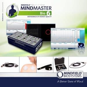 MindMaster Bio 6 mit Softwarebildschirm, Elektroden, Kabeln und Transportkoffer