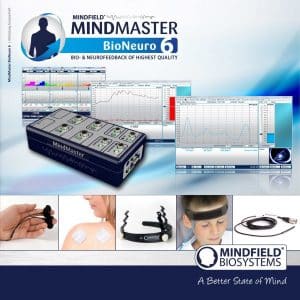 Produktkarton des MindMaster BioNeuro 6 mit Geräte- und Elektrodenfotos