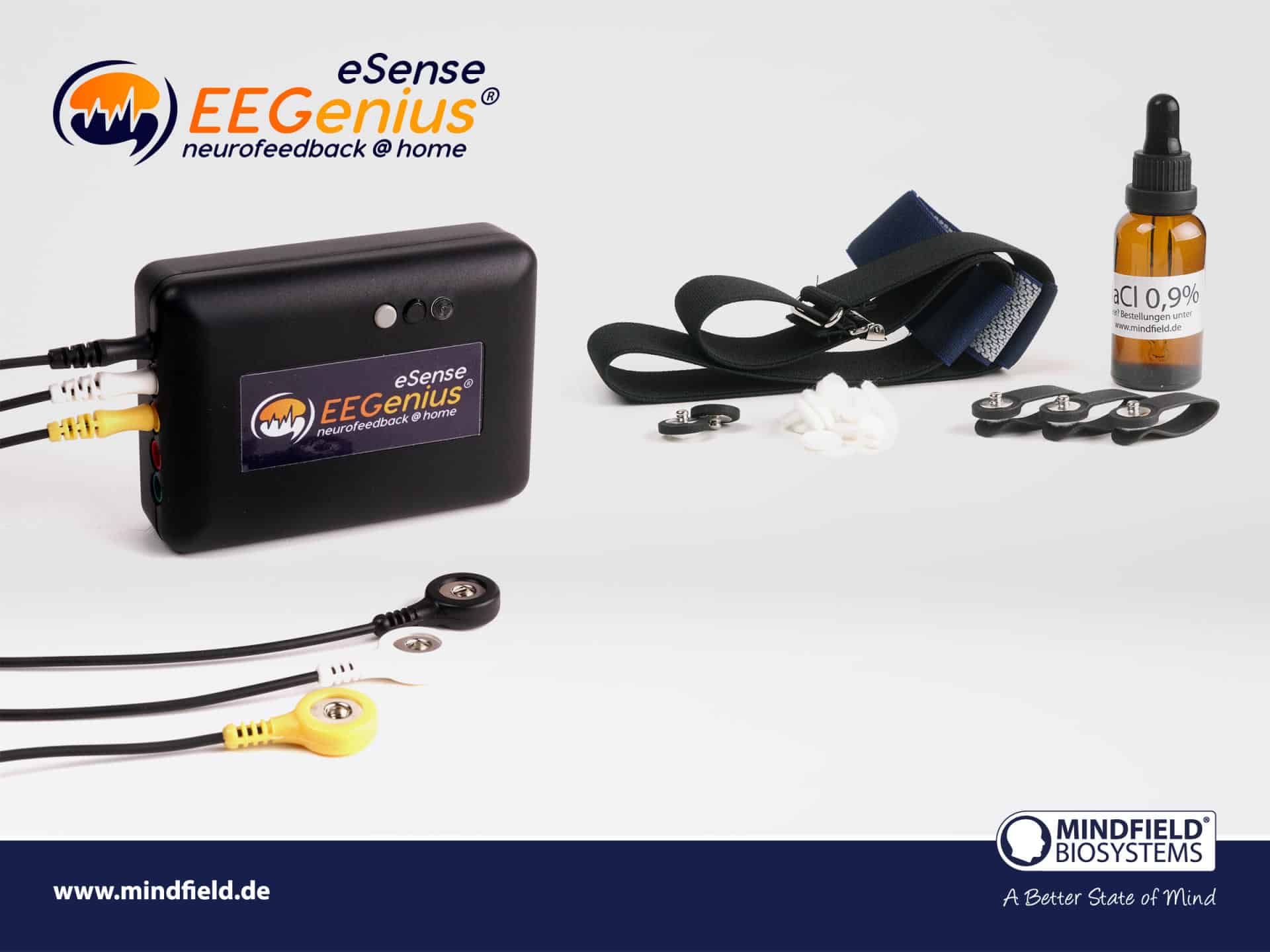 eSense EEGenius mit Stirnband, Ohrclip-Elektrode, Kabeln und Elektrodenlösung
