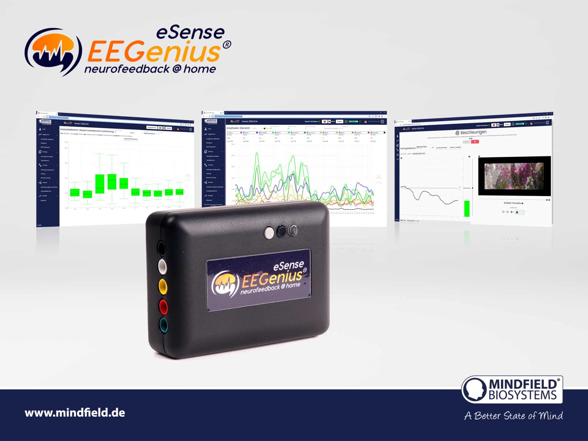 Mindfield eSense EEGenius mit Bildschirmfotos der Neurofeedback-Software