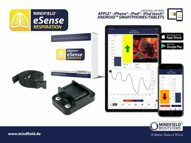 Verpackung Mindfield eSense Respiration mit App-Ansicht auf Tablet und Smartphone
