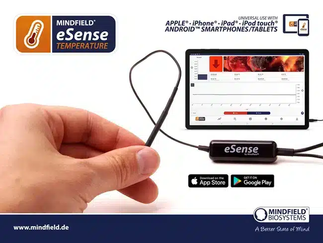 Mindfield eSense Temperature sensor with tablet app and store badges