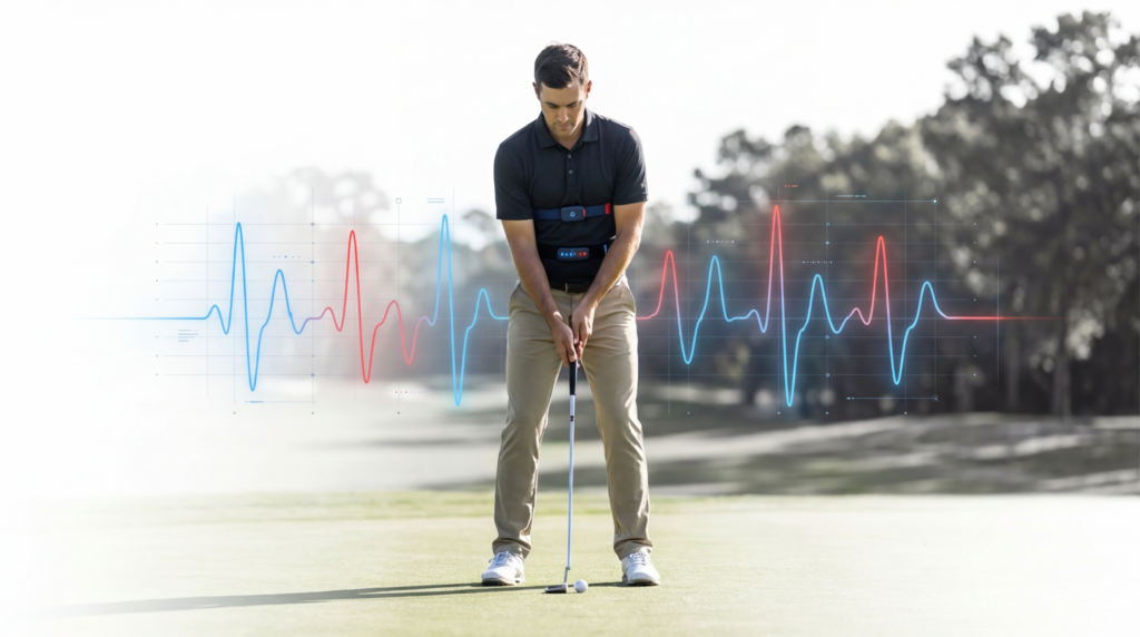 Golfer swinging, overlaid with a stylised heart-rate waveform graphic