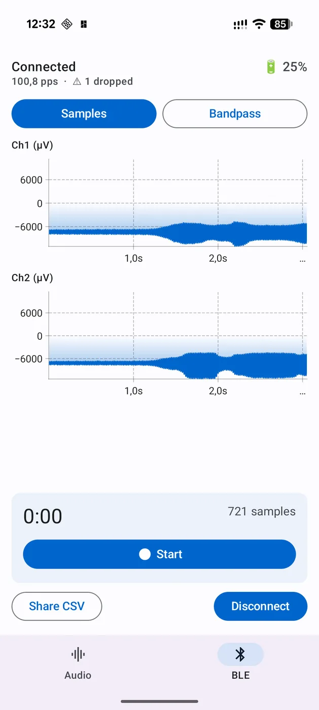 Muskulatur (EMG, µV) live in der Android-BLE-Demo