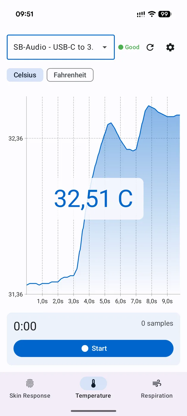 Hauttemperatur live in der Android-Demo