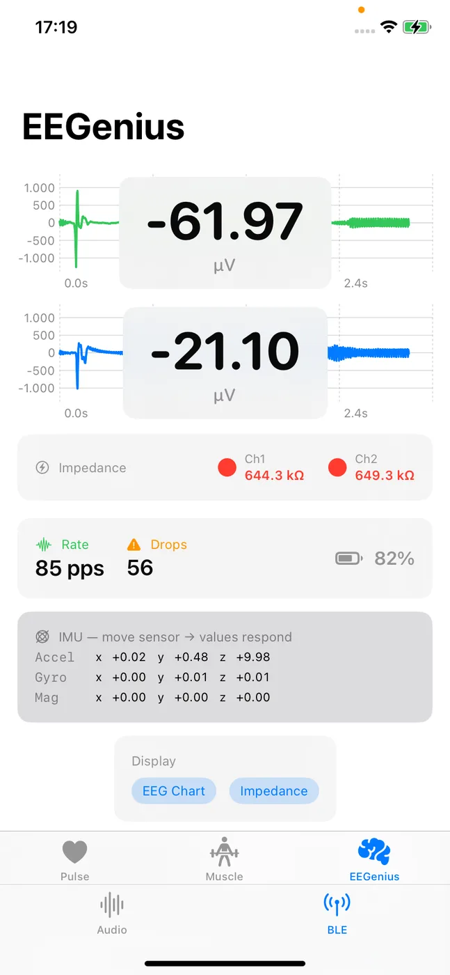 EEGenius (EEG, µV) live in der iOS-BLE-Demo