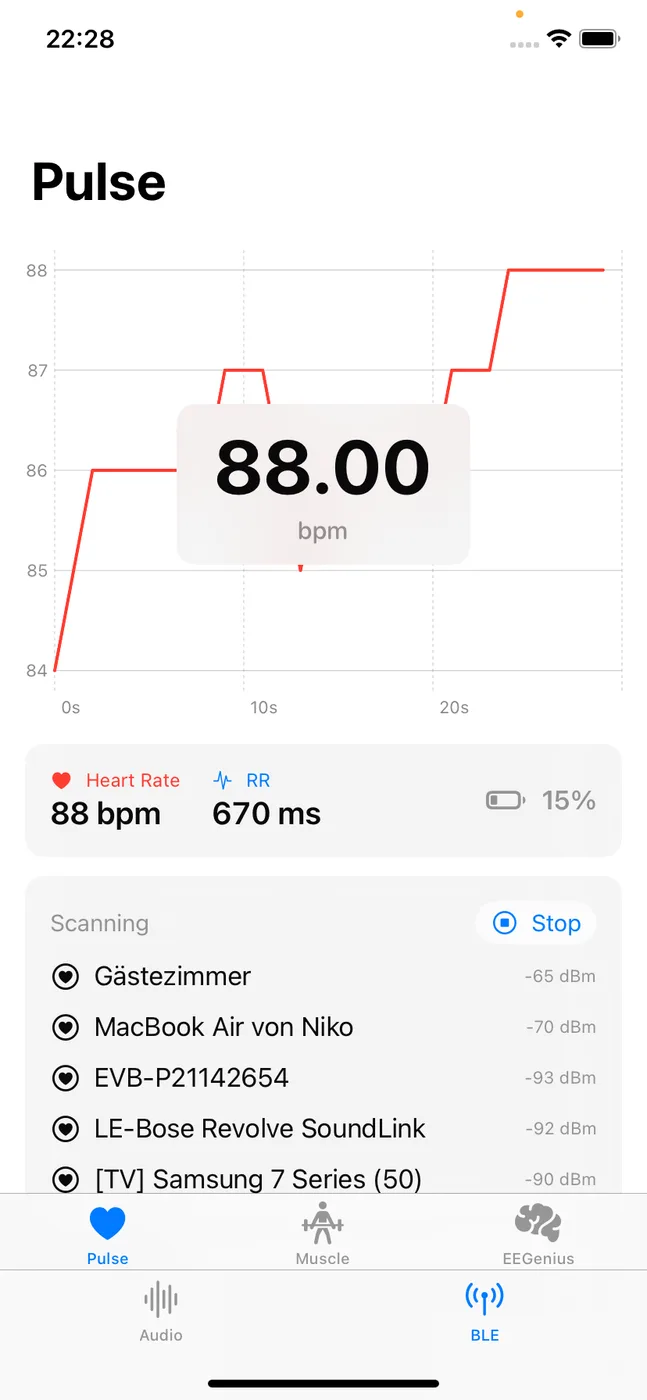 Puls (Herzfrequenz, R-R) live in der iOS-BLE-Demo