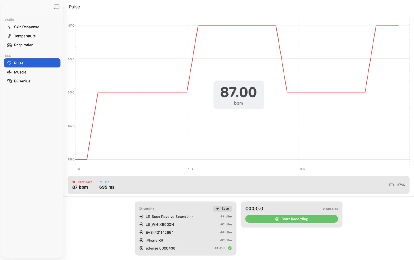 Puls (Herzfrequenz, HRV) live in der macOS-BLE-Demo