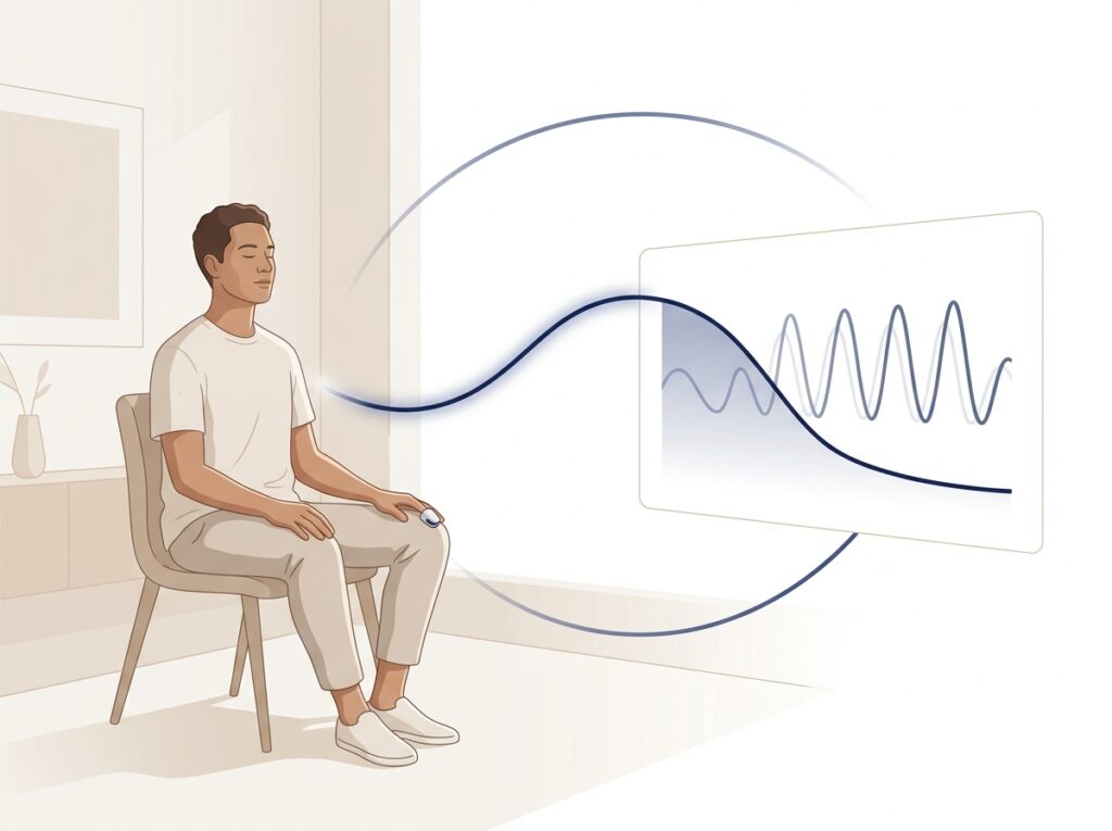 Person beim Biofeedback-Training: das gemessene Körpersignal wird als Kurve zurückgemeldet und beeinflusst wieder die Person
