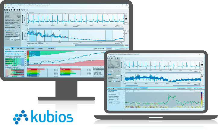 Kubios logo with monitor and laptop showing HRV analysis software and ECG curves