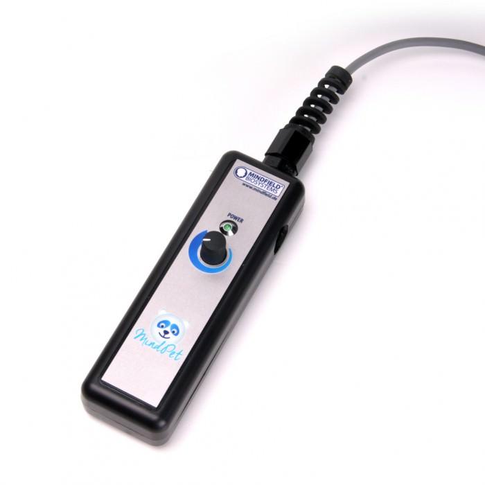 MindPet-Steuergerät mit Ein/Aus-Regler, Panda-Logo und Anschlusskabel
