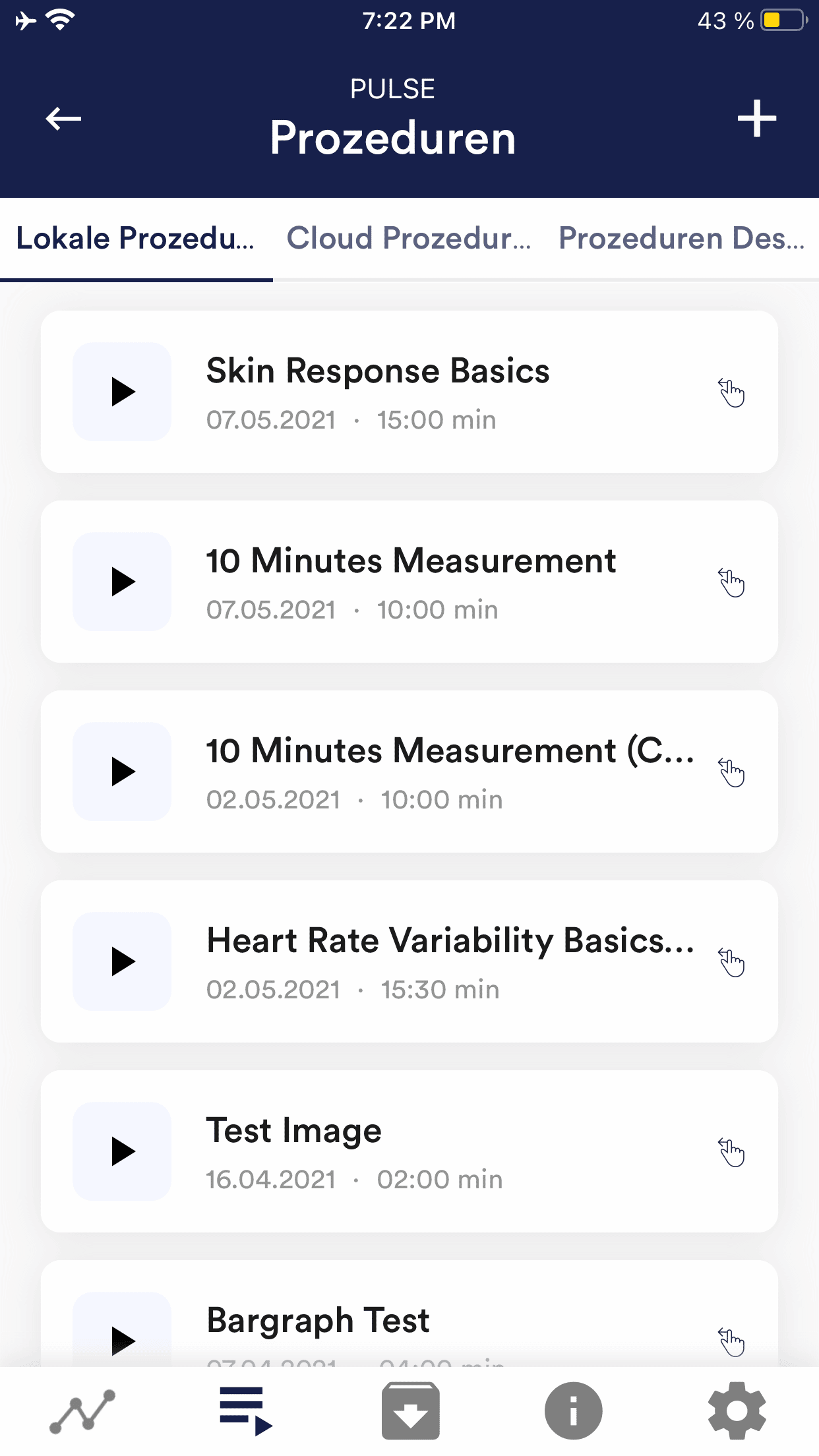 eSense-App-Screenshot: Liste der Prozeduren (Pulse) mit Trainingseinheiten