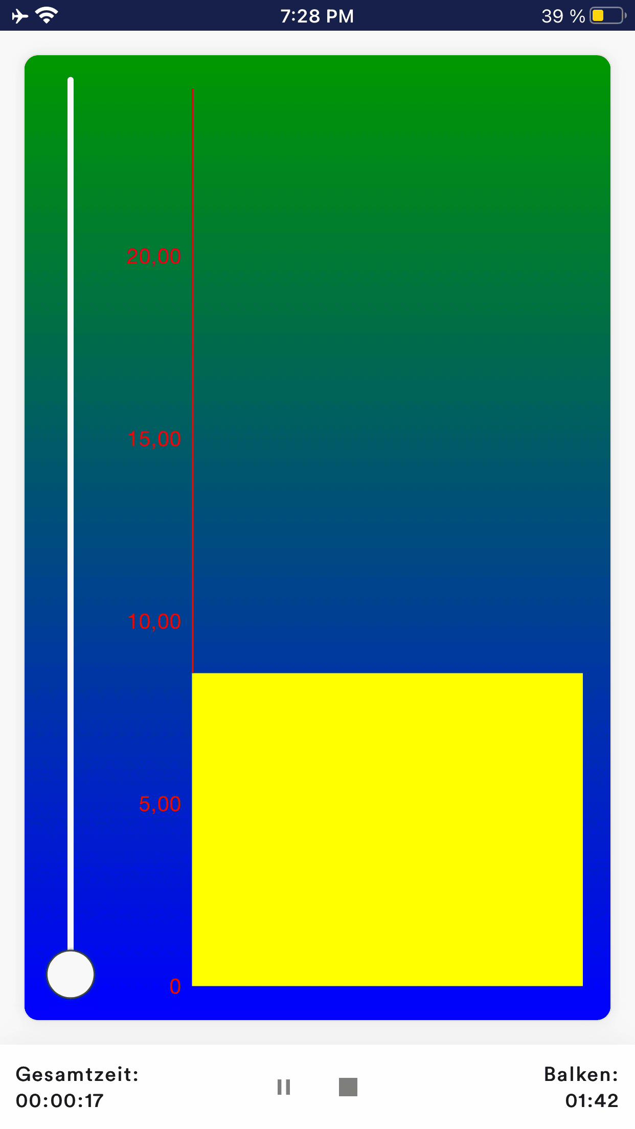 Screenshot eSense App: Trainingsanzeige mit Farbskala 0–20 und gelbem Balken, Zeit 00:00:17