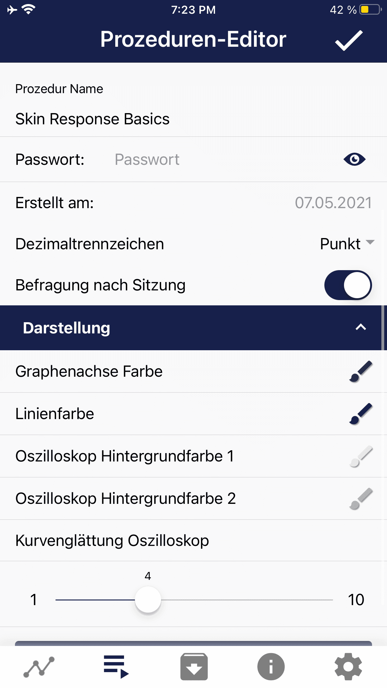 Screenshot eSense App: Prozeduren-Editor mit Einstellungen für „Skin Response Basics“
