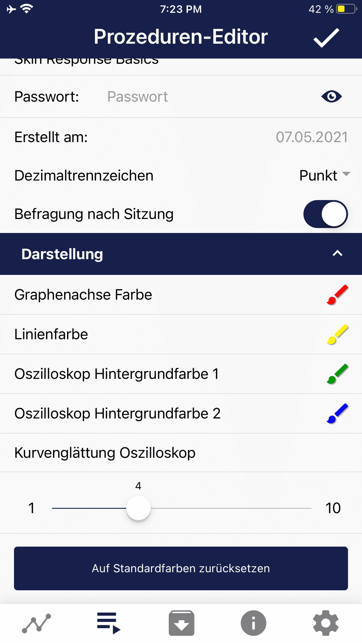 App-Bildschirm Prozeduren-Editor: Einstellungen für Farben und Kurvenglättung