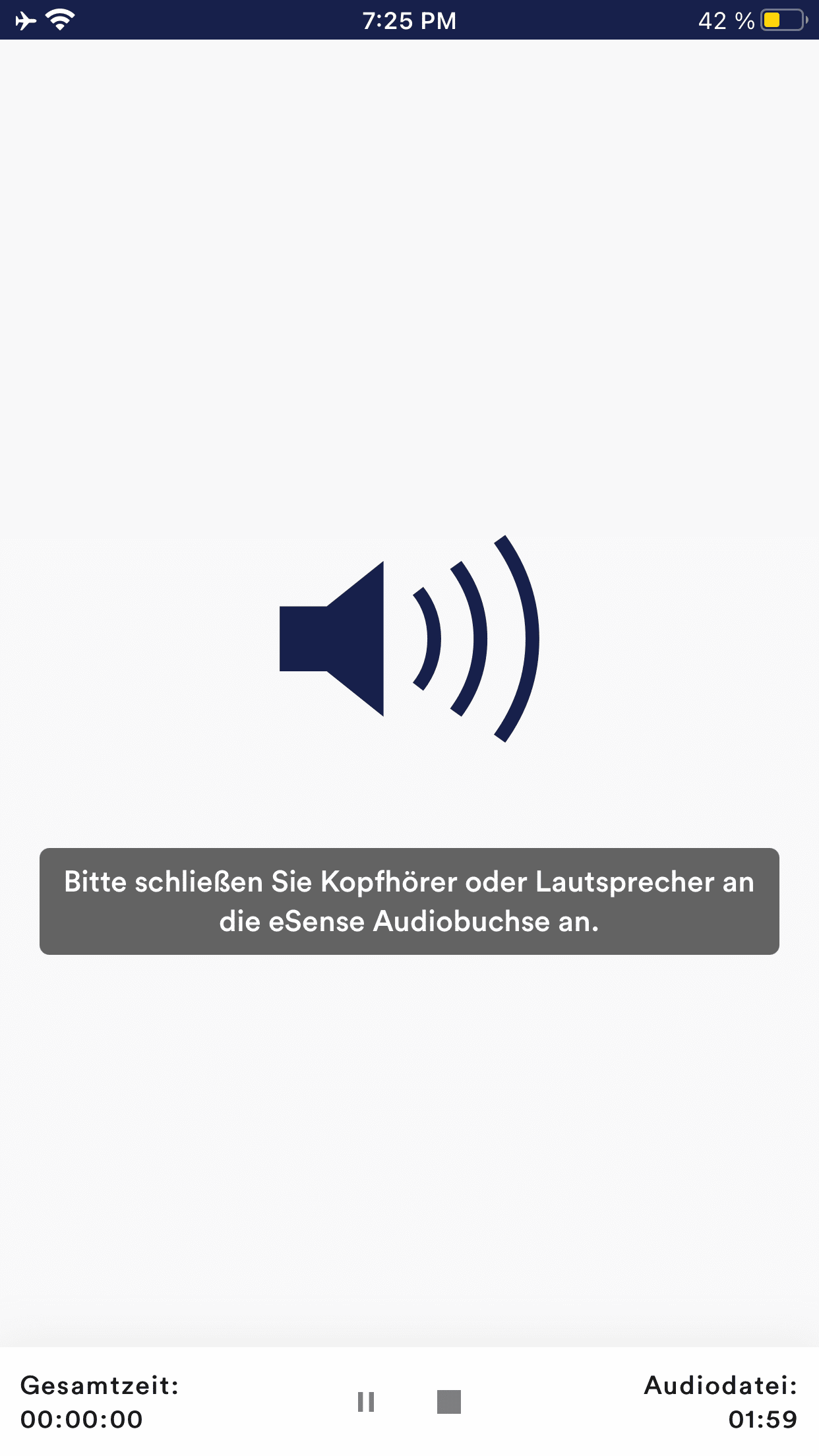 eSense-App-Screenshot: Hinweis, Kopfhörer oder Lautsprecher an die Audiobuchse anzuschließen