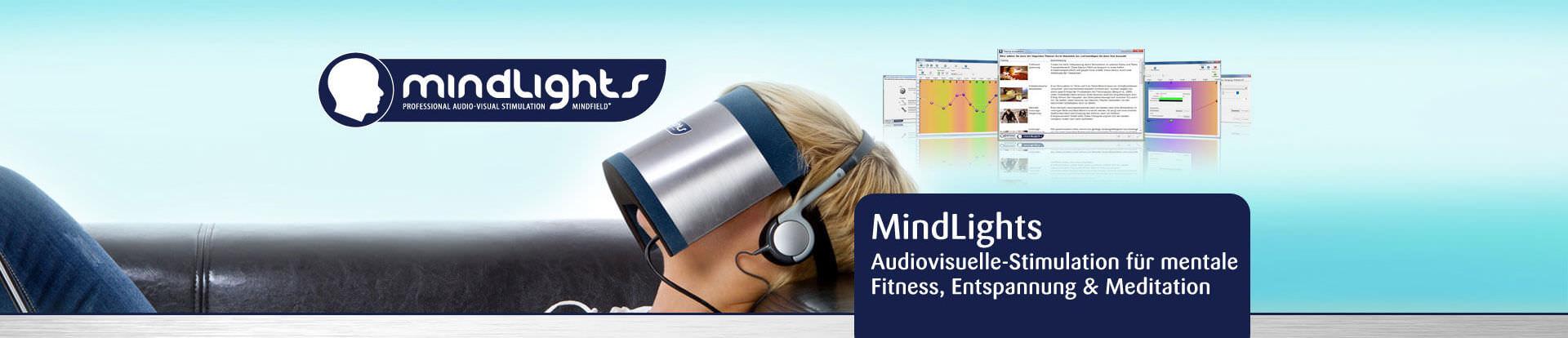 Werbebanner MindLights: Person mit AVS-Brille und Softwareoberfläche für audiovisuelle Stimulation