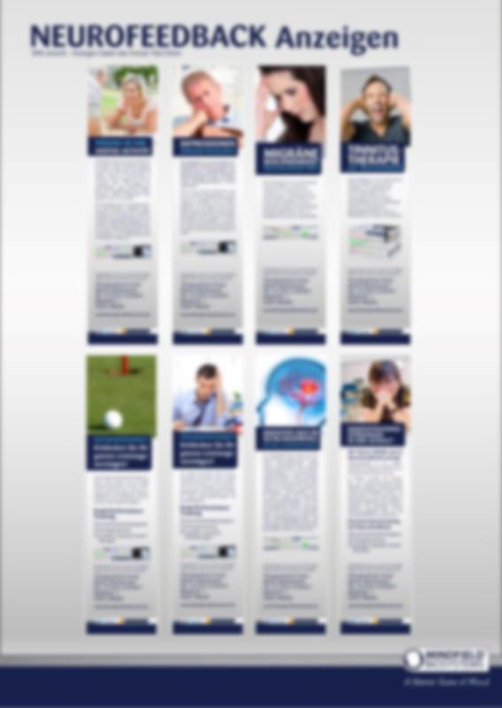 Overview sheet of eight neurofeedback advertisement flyer designs