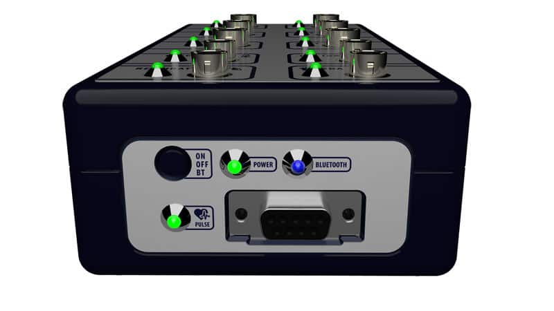 Mindfield MindMaster Neuro von hinten mit Elektrodenanschlüssen und Bedientasten