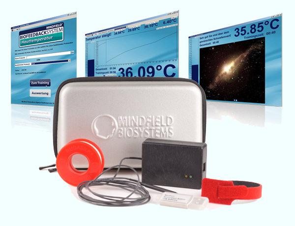 Collage: software screens with temperature readings, sensor and carrying pouch
