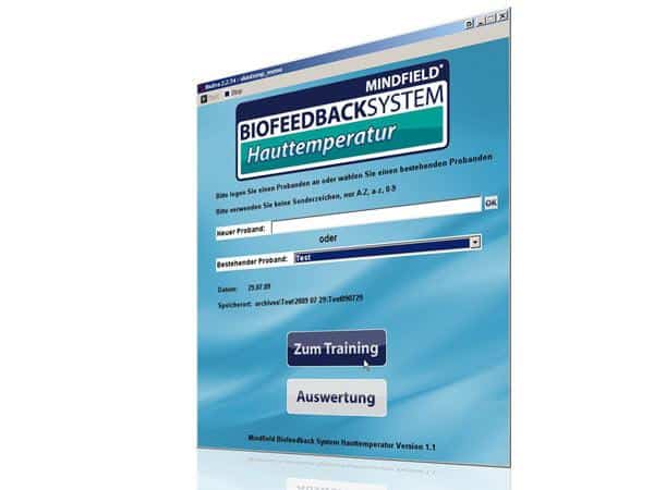 Skin temperature biofeedback software start menu with training and evaluation buttons