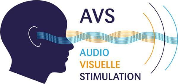 Illustration of a head wearing AVS glasses with sound wave graphics and the text AVS Audio Visuelle Stimulation