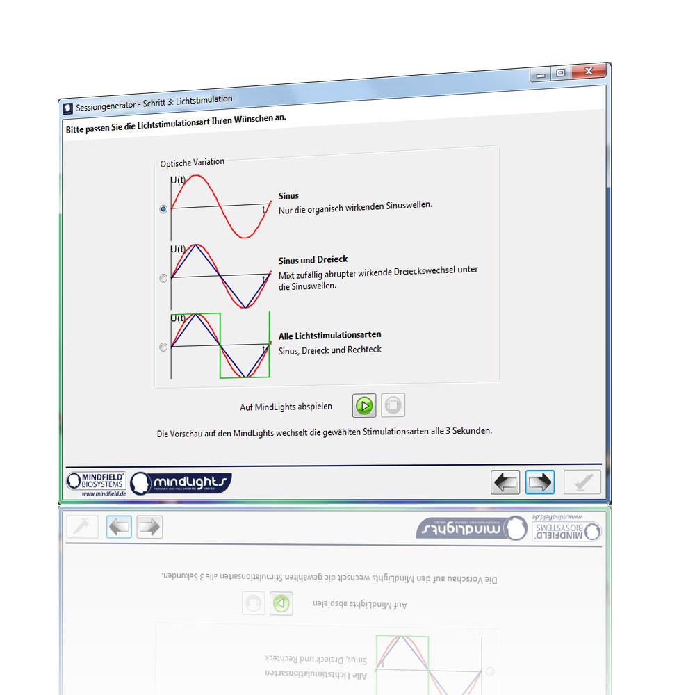 MindLights software screen for selecting a light-stimulation waveform (sine, triangle, square)
