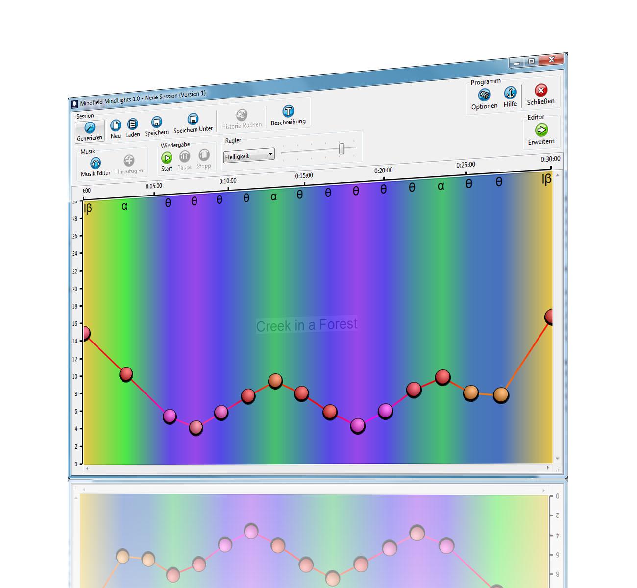 Screenshot: MindLights session editor with colourful waveform graph and background scene