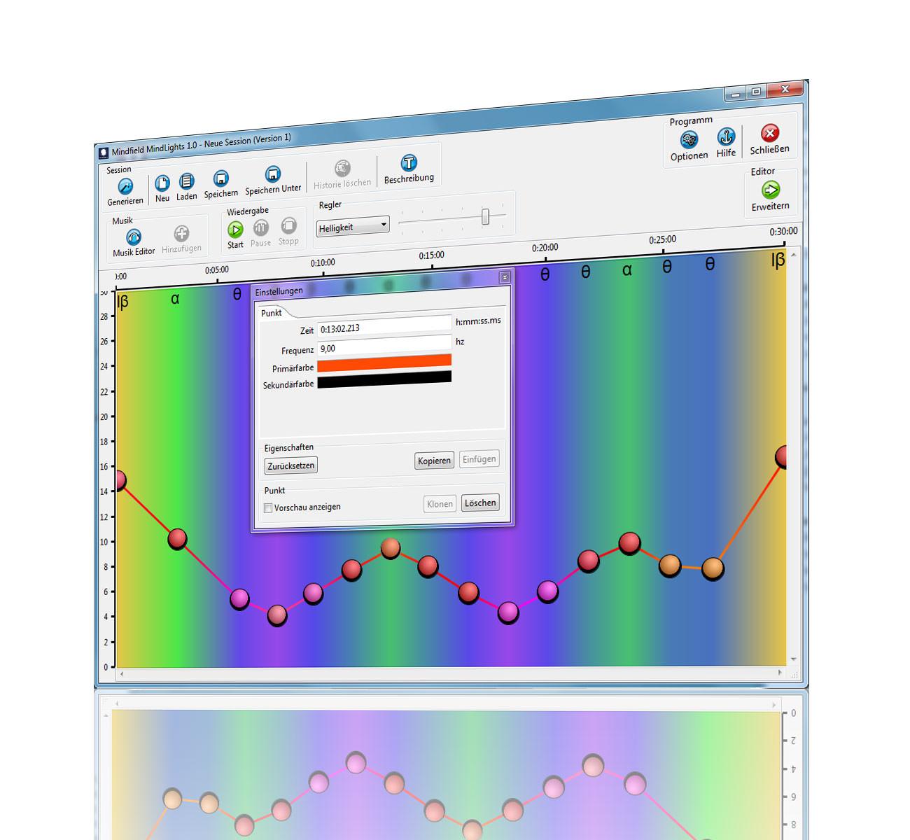 MindLights software interface: colour gradient background with session curve editor