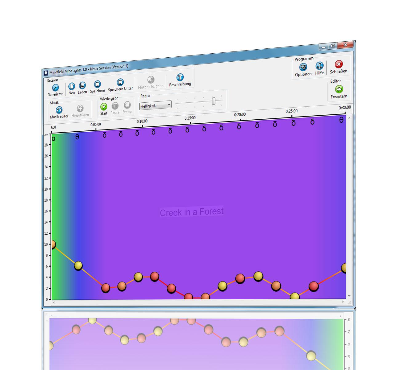 MindLights software: session editor with marker points along an audio waveform