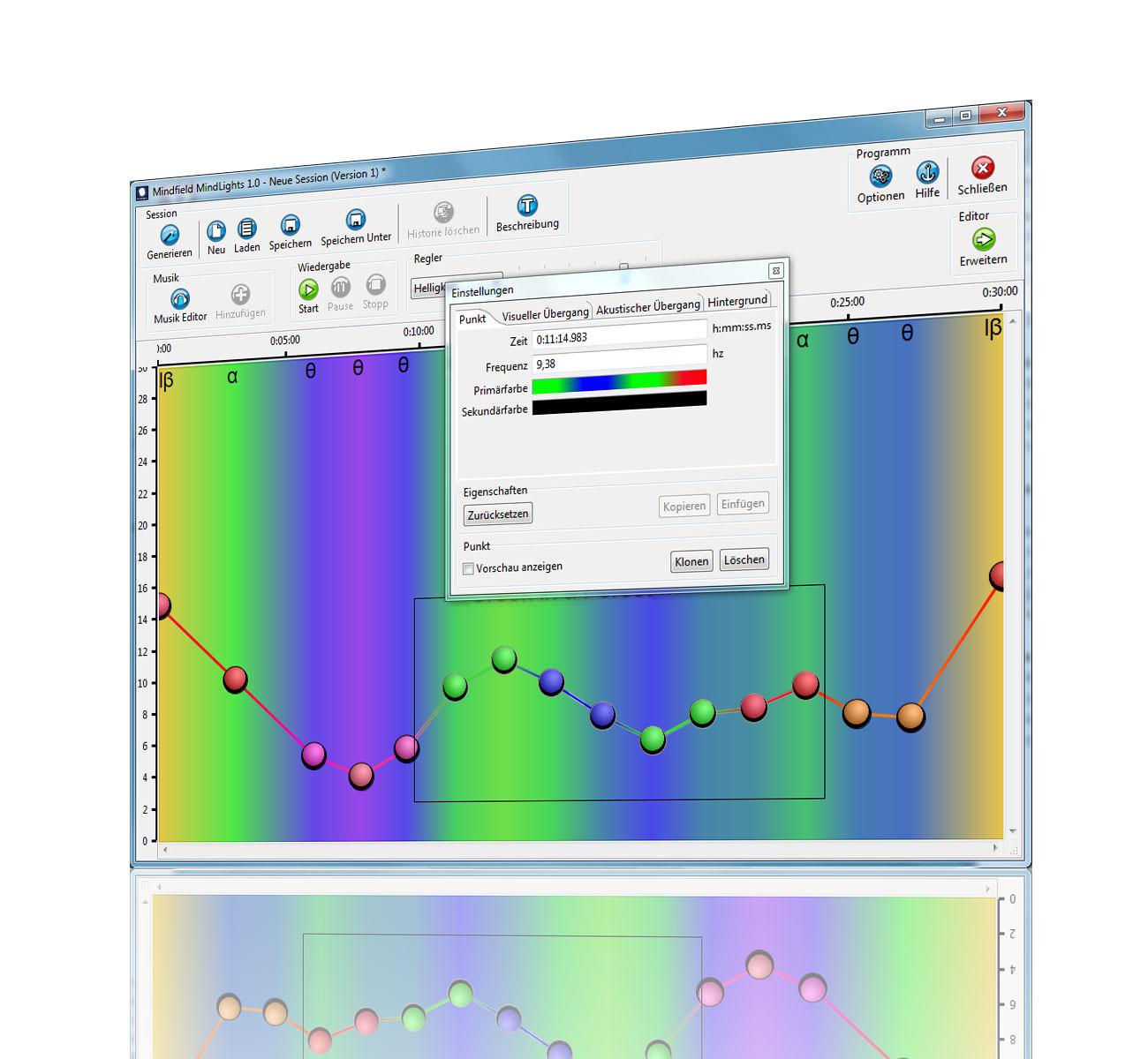 Bildschirmfoto der MindLights-Software: Frequenzkurve mit farbigen Punkten und Einstellungsdialog