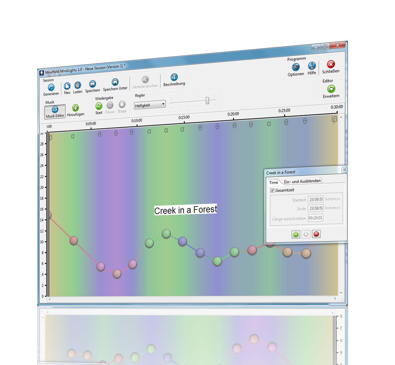 MindLights software music editor showing a color-frequency timeline named 'Creek in a Forest'