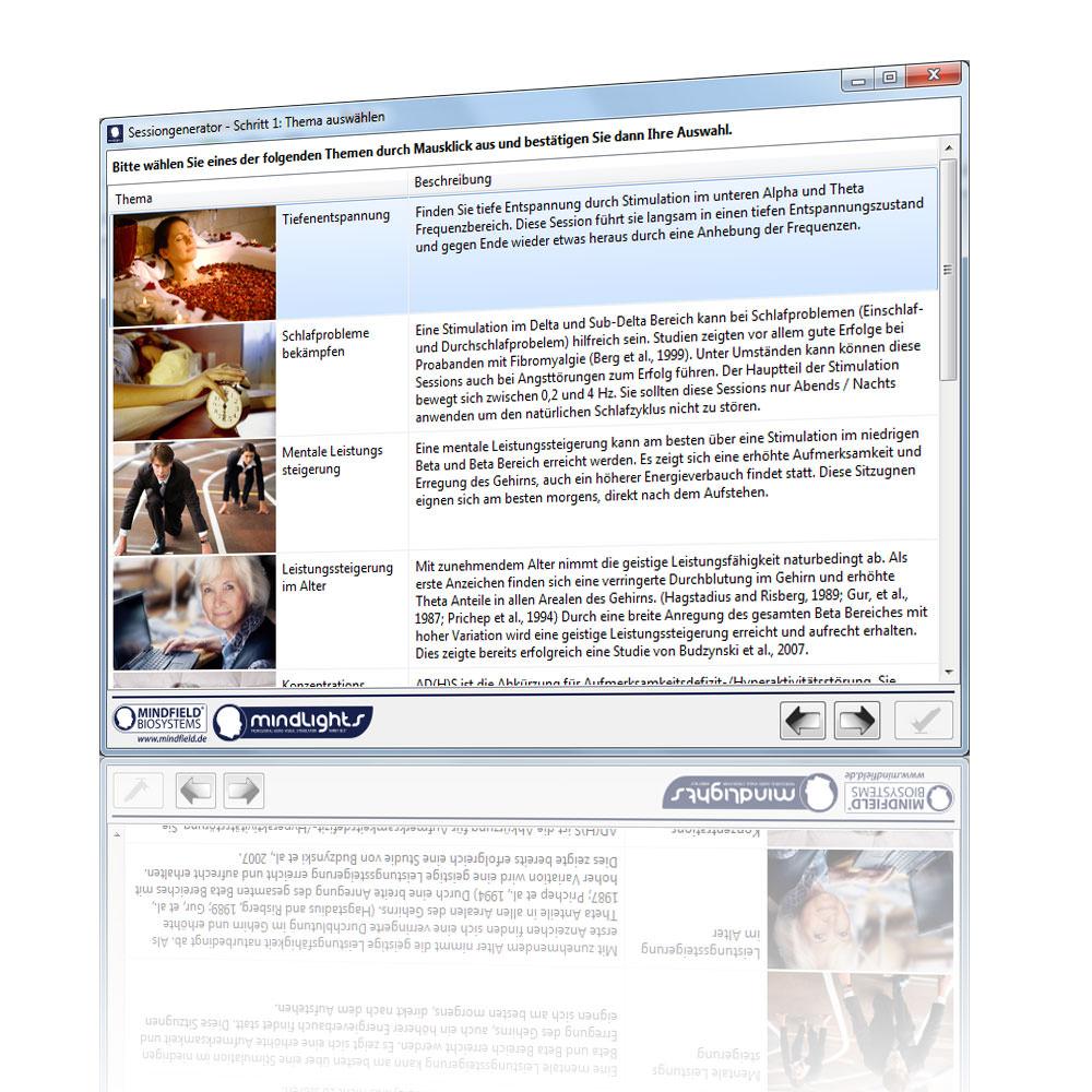 MindLights software screen for selecting a session theme (step 1)