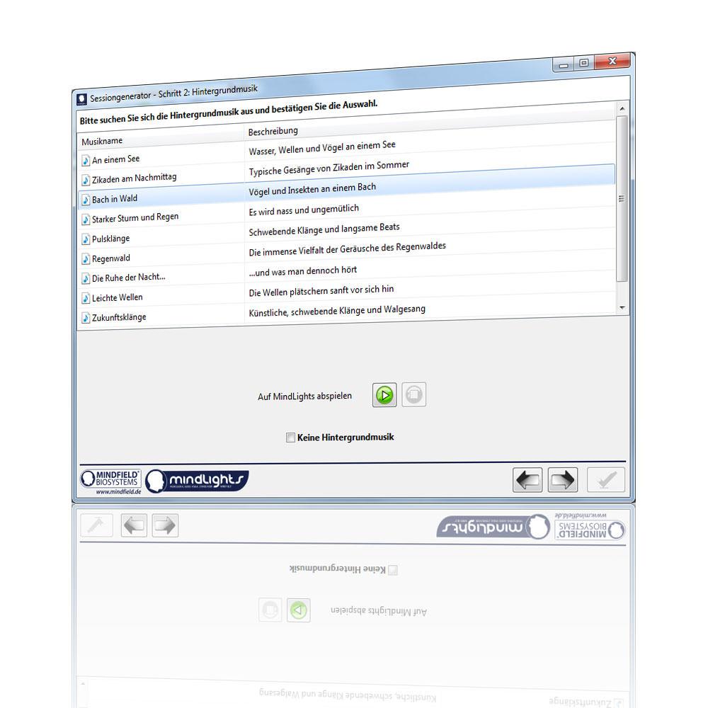 Screenshot: MindLights session wizard, step 2 background sound selection (German software)