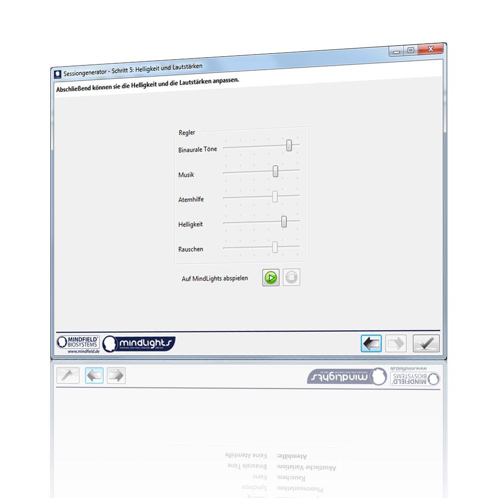 MindLights software: session generator step with brightness and volume sliders
