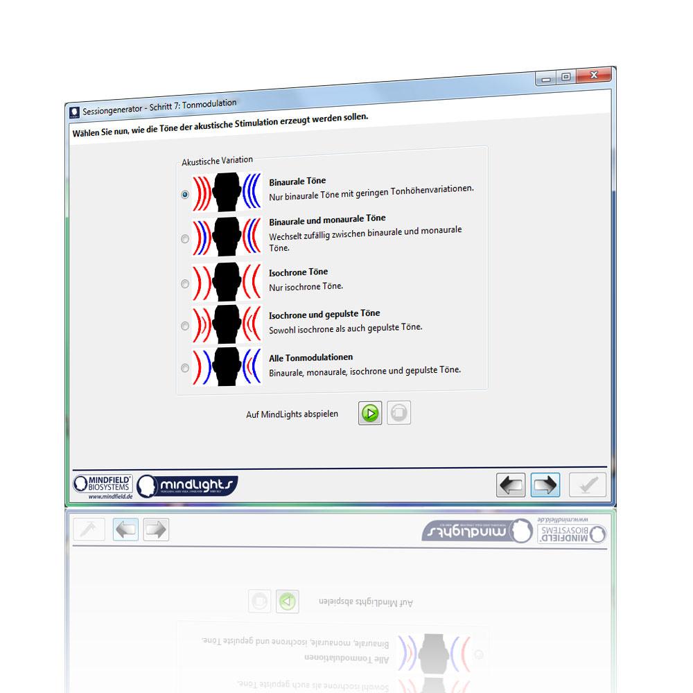 Screenshot: MindLights session wizard, step 3 tone modulation options (German software)