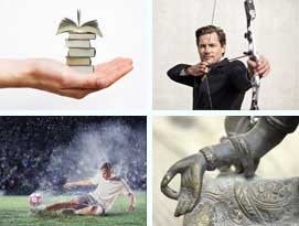 Four-photo collage: books, archer with bow, football tackle, bronze statue's hand