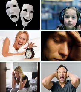 Photo collage: theatre masks, child with headphones, alarm clock, and four people showing stress or frustration