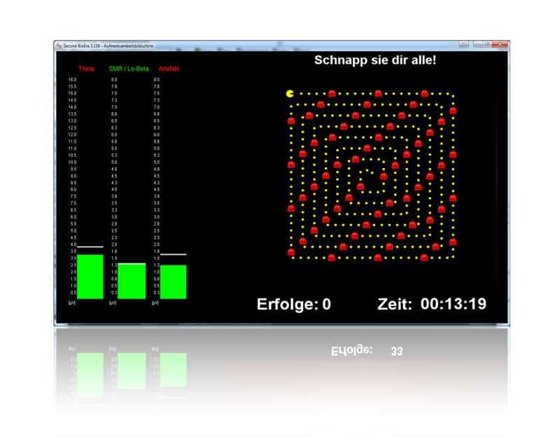Screenshot: neurofeedback Pacman-style training game with red dot maze and progress bars