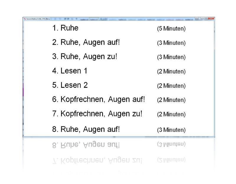 Neurofeedback-Software: Ablaufliste der Standardsituation mit Testphasen