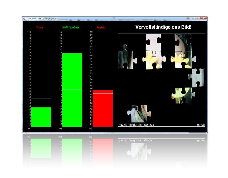 Neurofeedback puzzle game with green/red bar graphs and a jigsaw picture to complete