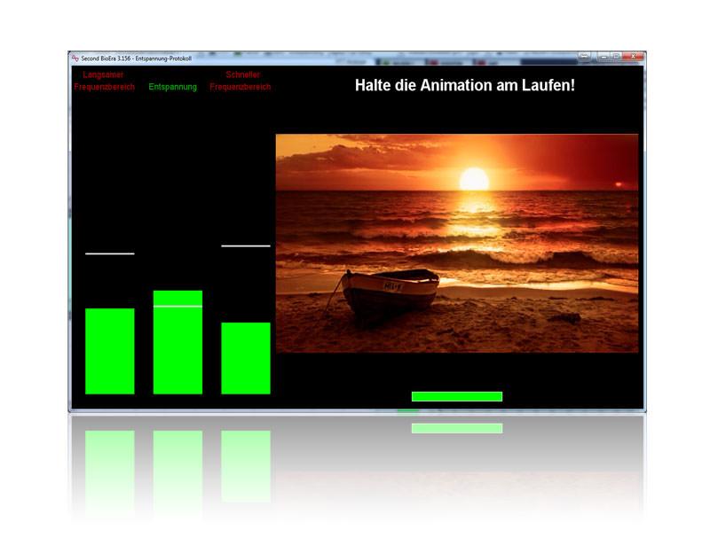 Screenshot: Entspannungs-Feedback mit grünen Balken und Sonnenuntergangsfoto als Belohnung