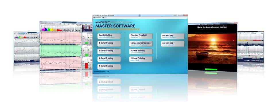 Fanned display of neurofeedback software screens: main menu, chart panels, and an animation reward screen