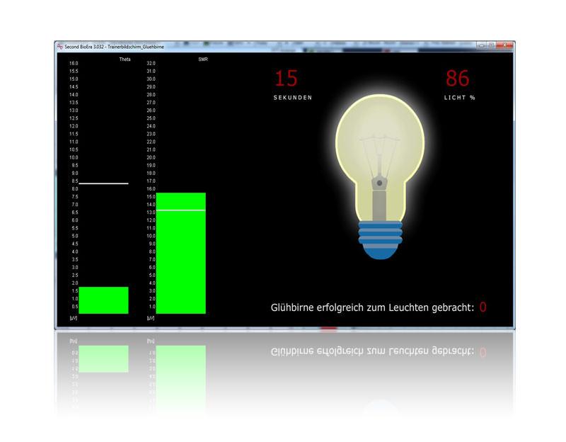 Software-Screenshot: Feedback-Glühbirne leuchtet nach erfolgreicher Trainingsübung
