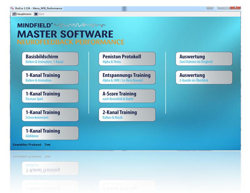 MindMaster Neurofeedback Performance software: main menu with training modes
