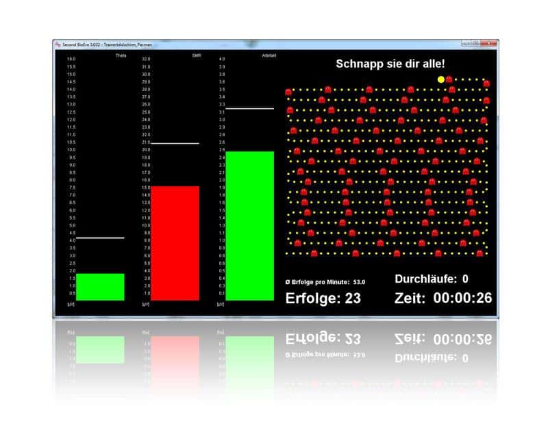 Screenshot: Neurofeedback-Pacman-Training mit rotem Punktmuster und Erfolgsanzeige