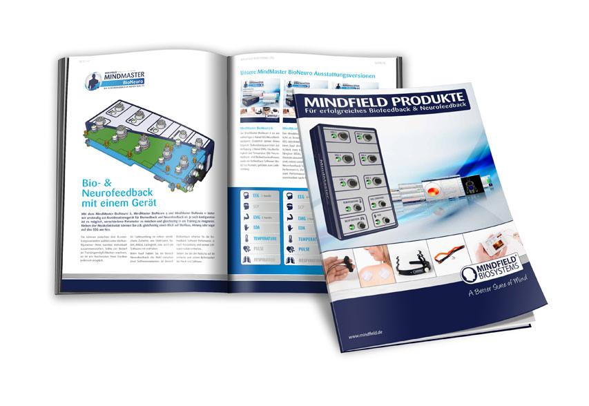 Two Mindfield product catalogues, in German: 'Bio- & Neurofeedback mit einem Gerät' and 'Mindfield Produkte'